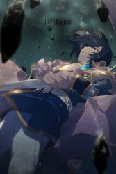 Rule 34 | belt, black hair, blue eyes, cape, echo (circa), leon magnus, looking at viewer, male focus, open mouth, simple background, solo, sword, tales of (series), tales of destiny, weapon, white background