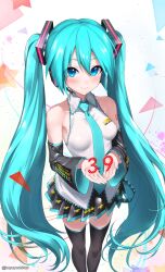 Rule 34 | 1girl, 39, aqua eyes, aqua hair, aqua necktie, black skirt, black thighhighs, breasts, closed mouth, commentary request, detached sleeves, feet out of frame, hatsune miku, headset, highres, looking at viewer, medium breasts, miku day, multicolored background, necktie, number tattoo, pleated skirt, shirt, skirt, smile, solo, standing, tattoo, thighhighs, twintails, twitter username, vocaloid, white shirt, yoshinatsu, zettai ryouiki