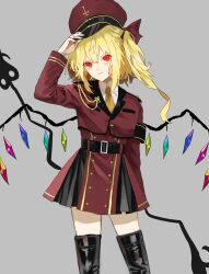 Rule 34 | 1girl, adapted costume, aiguillette, armband, belt, black armband, black belt, black footwear, black skirt, blonde hair, boots, buttons, cross, flandre scarlet, flat chest, gem, hair ribbon, hand on headwear, hat, highres, holding, holding weapon, inverted cross, jacket, jewelry, laevatein (touhou), long sleeves, medium hair, military, military hat, military jacket, military uniform, nanasuou, necktie, pleated skirt, ponytail, red eyes, red jacket, red ribbon, ribbon, shirt, side ponytail, skirt, smile, touhou, uniform, vampire, weapon, white shirt, wings, yellow necktie