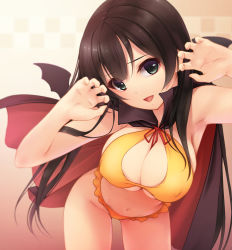 Rule 34 | 10s, 1girl, agano (kancolle), alternate costume, armpits, bare shoulders, bikini, black hair, breasts, cape, cleavage cutout, clothing cutout, cowboy shot, gradient background, green eyes, groin, hanging breasts, ichikawa noa, kantai collection, large breasts, leaning forward, long hair, midriff, navel, open mouth, red background, sideboob, skindentation, solo, stomach, swimsuit, thighs, tongue, underboob, yellow bikini