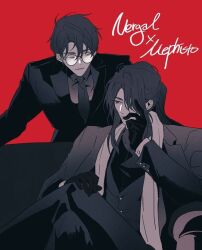 Rule 34 | 2boys, black gloves, black hair, black jacket, black shirt, black suit, closed mouth, dark fall, formal, glasses, gloves, jacket, long hair, looking at another, mephisto (dark fall), multiple boys, nergal (dark fall), red background, red eyes, shirt, sitting, suit, very long hair