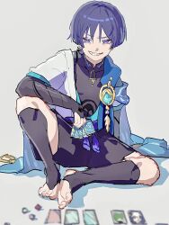 Rule 34 | 1boy, armor, black bodysuit, black shorts, black socks, blue cape, blunt ends, bodysuit, cape, collarbone, elbow on knee, feathers, feet, genius invokation tcg, genshin impact, gold, grin, highres, japanese armor, japanese clothes, kimono, kote, kurokote, male focus, open clothes, open kimono, parted bangs, pom pom (clothes), purple eyes, purple hair, scaramouche (genshin impact), shorts, sitting, smile, socks, solo, spread legs, tassel, teeth, toes, tokodenashi, vision (genshin impact), wanderer (genshin impact), white background, white kimono