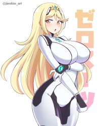 Rule 34 | 1girl, absurdres, blonde hair, bodysuit, breasts, chest jewel, highres, impossible bodysuit, impossible clothes, jarckius, large breasts, long hair, metroid, mythra (xenoblade), nintendo, skin tight, solo, swept bangs, very long hair, xenoblade chronicles (series), xenoblade chronicles 2, yellow eyes, zero suit