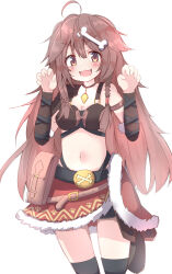 Rule 34 | 1girl, absurdres, ahoge, animal ears, bare shoulders, black footwear, blush, bone hair ornament, boots, braid, breasts, brown eyes, brown hair, cartoon bone, claw pose, cleavage, commentary request, dog ears, fur-trimmed skirt, fur trim, hair between eyes, hair ornament, hands up, highres, hololive, inugami korone, inugami korone (viking), long hair, looking at viewer, medium breasts, navel, red skirt, simple background, skirt, solo, standing, standing on one leg, thigh boots, umberblack, v-shaped eyebrows, very long hair, virtual youtuber, white background