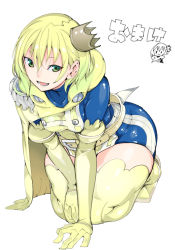 Rule 34 | 1girl, aiguillette, amagami sora, bareteru! cocktail knights, belt, bending, blonde hair, cape, costume, crown, cup, doodle, elbow gloves, epaulettes, fang, gloves, green eyes, hair between eyes, hair ornament, hand on own knee, highres, kneeling, looking at viewer, magical girl, open mouth, shiny skin, short hair, short shorts, shorts, signature, simple background, skin fang, skindentation, smile, takayama toshinori, thick thighs, thighs, tight clothes, valencia (bareteru! cocktail night), white background, yellow belt, yellow legwear