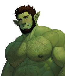 Rule 34 | 1boy, absurdres, axel (axelwarriorvs), back hair, bara, beard, colored skin, facial hair, freckles, full beard, green skin, hairy, highres, large pectorals, male focus, mature male, muscular, muscular male, nude, orc, original, pectorals, pointy ears, sideburns, solo, strongman waist, thick arm hair, thick beard, thick chest hair, thick eyebrows, tusks, upper body