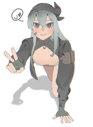 Rule 34 | 1girl, all fours, aqua hair, arm support, bandaid, bandaid on cheek, bandaid on face, bandana, black bandana, black jacket, blue eyes, blush, breasts, commentary, fingerless gloves, girls&#039; frontline, gloves, hair between eyes, hand up, highres, jacket, parted lips, shoulder pouch, small breasts, smile, solo, symbol-only commentary, v, white background, xm3 (girls&#039; frontline), xm3 (mod3) (girls&#039; frontline), yongsadragon