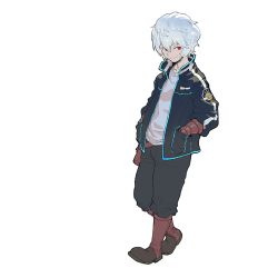 Rule 34 | 1boy, belt pouch, black jacket, brown footwear, closed mouth, hair between eyes, hands in pockets, jacket, kuga yuuma, loped, male focus, open clothes, open jacket, pouch, red eyes, simple background, smile, solo, white background, white hair, world trigger