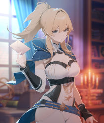 Rule 34 | 1girl, absurdres, blonde hair, blue capelet, blue eyes, breasts, capelet, cleavage, detached sleeves, fingerless gloves, gao guangyue, genshin impact, gloves, hair between eyes, highres, indoors, jean (genshin impact), large breasts, letter, long hair, looking at viewer, pants, ponytail, sidelocks, solo, tight clothes, tight pants, white pants