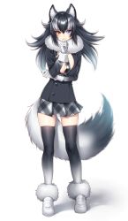 Rule 34 | 10s, 1girl, animal ears, black jacket, black thighhighs, breasts, full body, fur collar, gloves, grey wolf (kemono friends), hattori masaki, heterochromia, highres, jacket, junoct2000, kemono friends, large breasts, long hair, looking at viewer, miniskirt, multicolored hair, necktie, open clothes, open jacket, pleated skirt, shiny skin, simple background, skindentation, skirt, solo, standing, tail, thighhighs, two-tone hair, white background, white gloves, wolf ears, wolf tail, zettai ryouiki