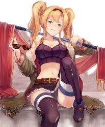 Rule 34 | 1girl, bare shoulders, belt, belt buckle, black bra, black footwear, black hairband, black panties, black skirt, blonde hair, blue eyes, boots, bra, braid, breasts, brown belt, buckle, chokuro, cleavage, coat, collarbone, commentary request, french braid, fur-trimmed coat, fur trim, granblue fantasy, green coat, grin, hairband, highres, holding, holding removed eyewear, impossible clothes, knee up, large breasts, long hair, long sleeves, looking at viewer, md5 mismatch, midriff, miniskirt, multicolored clothes, navel, off shoulder, open clothes, open coat, over shoulder, panties, pantyshot, parted bangs, parted lips, pleated skirt, polearm, red coat, resolution mismatch, revision, sidelocks, simple background, sitting, skirt, smile, solo, source larger, sports bra, sunglasses, thigh boots, thighhighs, thighs, twintails, underwear, unworn eyewear, weapon, weapon over shoulder, white background, white panties, white thighhighs, zeta (dark) (granblue fantasy), zeta (granblue fantasy)