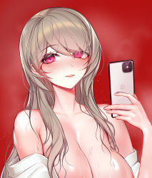 Rule 34 | 1girl, bare shoulders, blush, breasts, brown hair, cellphone, cleavage, highres, holding, holding phone, honkai (series), honkai impact 3rd, large breasts, long hair, looking at viewer, mole, mole under eye, off shoulder, open clothes, open shirt, papupu, parted lips, phone, red background, red eyes, rita rossweisse, selfie, shirt, simple background, smartphone, smile, solo, sweat, swept bangs, upper body, wet, white shirt