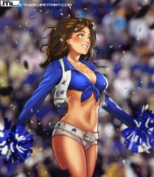 Rule 34 | 1girl, belt, blurry, blurry background, blush, brown hair, cheering, cheerleader, confetti, earrings, highres, jewelry, long hair, micro shorts, midriff, mleth, navel, original, parted lips, pom pom (cheerleading), shorts, solo, vest, white belt, white shorts, white vest