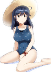 Rule 34 | 10s, 1girl, black hair, blue one-piece swimsuit, breasts, brown eyes, female focus, hat, kantai collection, large breasts, long hair, mocchisake, one-piece swimsuit, open mouth, polka dot, polka dot swimsuit, simple background, sitting, solo, sun hat, swimsuit, ushio (kancolle)
