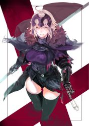 Rule 34 | 1girl, ahoge, armor, armored dress, black thighhighs, breasts, cloak, fate/grand order, fate (series), harutask, headpiece, highres, holding, holding sword, holding weapon, jeanne d&#039;arc (fate), jeanne d&#039;arc alter (avenger) (fate), jeanne d&#039;arc alter (fate), looking at viewer, short hair, silver hair, solo, sword, thighhighs, weapon, yellow eyes