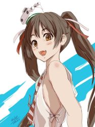 Rule 34 | 10s, 1girl, 2016, 4suke, :d, alternate skin color, artist name, bare shoulders, blush, brown eyes, brown hair, dated, flat chest, hair between eyes, hair ribbon, hat, kantai collection, libeccio (kancolle), long hair, mini hat, open mouth, ribbon, simple background, smile, solo, teeth, twintails, upper body, very long hair, white background