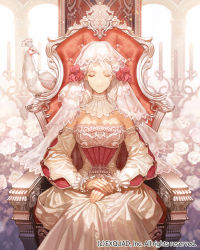 Rule 34 | 1girl, albino, animal, bad id, bad pixiv id, bird, blonde hair, breasts, candle, candlestand, chair, closed eyes, closed mouth, company name, detached collar, detached sleeves, dragon&#039;s shadow, dress, female focus, flower, formal, hair flower, hair ornament, lace trim, large breasts, long dress, official art, on chair, own hands together, peacock, pillar, puff and slash sleeves, puffy sleeves, red flower, red rose, rose, sitting, solo, swept bangs, throne, veil, watermark, white dress, white flower, white hair, white rose, yna