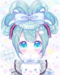 Rule 34 | 1girl, :d, bare shoulders, blue bow, blue eyes, blush, bow, character name, cinnamiku, cinnamoroll, closed mouth, cloud, commentary request, detached sleeves, ear bow, green hair, grey shirt, grey sleeves, hair bow, hair rings, hatsune miku, highres, himetsuki luna, looking at viewer, open mouth, sanrio, shirt, signature, sleeveless, sleeveless shirt, smile, star (symbol), twitter username, updo, vocaloid