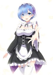 Rule 34 | 10s, 1girl, absurdres, bad id, bad pixiv id, blue eyes, blue hair, blush, breasts, cleavage, detached sleeves, dress, frills, garter straps, hair ornament, hair over one eye, hair ribbon, highres, looking at viewer, maid, maid headdress, matching hair/eyes, outstretched arm, outstretched hand, re:zero kara hajimeru isekai seikatsu, rem (re:zero), ribbon, short hair, smile, solo, takehana note, thighhighs, white thighhighs, x hair ornament
