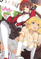 Rule 34 | 10s, 2girls, all fours, blonde hair, blue eyes, breasts, brown hair, femdom, green eyes, heterochromia, highres, human furniture, large breasts, multiple girls, official art, open mouth, ryoubi (senran kagura), ryouna (senran kagura), senran kagura, siblings, sisters, sitting, sitting on person, thighhighs, twins, yaegashi nan