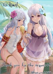 Rule 34 | 2girls, against fence, alternate costume, bare shoulders, beach, bikini, blue eyes, breasts, circlet, cleavage, collar, commission, english text, fence, fire emblem, fire emblem: genealogy of the holy war, fire emblem: thracia 776, flower, food, grey hair, hair flower, hair ornament, haru (nakajou-28), highres, holding, holding ice cream cone, ice cream, ice cream cone, julia (fire emblem), long hair, long sleeves, looking at viewer, medium breasts, multiple girls, nintendo, ocean, one-piece swimsuit, outdoors, purple bikini, purple eyes, purple hair, sara (fire emblem), see-through, see-through swimsuit, sitting, small breasts, stomach, swimsuit, thigh strap, thighs, very long hair, white one-piece swimsuit, wooden fence