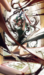 Rule 34 | 1girl, arknights, black hair, china dress, chinese clothes, colored inner hair, dragon girl, dragon horns, dragon tail, dress, dusk (arknights), dusk (everything is a miracle) (arknights), earrings, green dress, green hair, highres, horns, ink, jewelry, kneeling, long hair, multicolored hair, official alternate costume, oversized object, paintbrush, pointy ears, red eyes, sleeveless, sleeveless dress, solo, streaked hair, tail, tassel, tassel earrings, yo-ba yo