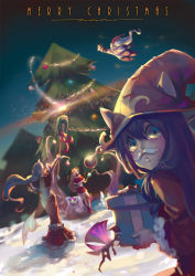 Rule 34 | 3girls, alternate costume, bard (league of legends), christmas, christmas tree, dress, dutch angle, fake facial hair, fake mustache, from behind, gift, hat, hat ornament, horns, league of legends, leng, looking at viewer, lulu (league of legends), merry christmas, multiple girls, pix (league of legends), ponytail, poro (league of legends), red dress, sack, single horn, soraka (league of legends), staff, white hair, wreath, yordle, zyra