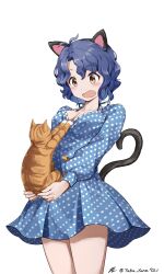 Rule 34 | 1girl, animal, animal ears, antenna hair, blue dress, blue hair, blush, breasts, brown cat, brown eyes, cat, cat ears, cat tail, cleavage, commentary, cowboy shot, dress, fake animal ears, highres, holding, holding animal, holding cat, idolmaster, idolmaster million live!, large breasts, long sleeves, looking at another, open mouth, polka dot, polka dot dress, short hair, sidelocks, signature, tail, taka.yana, thighs, toyokawa fuka, twitter username, wavy hair, white background