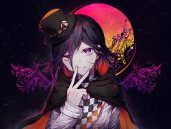 Rule 34 | 1boy, alternate costume, black background, black cape, black hair, black hat, cape, checkered clothes, checkered neckwear, commentary request, danganronpa (series), danganronpa v3: killing harmony, fake wings, fang, fangs, finger to mouth, goto (sep), hair between eyes, hat, head tilt, hood, hooded cape, jacket, long fingers, long sleeves, looking at viewer, male focus, mini hat, mini top hat, multicolored background, oma kokichi, orange background, purple eyes, purple hair, red background, red cape, short hair, smile, solo, top hat, upper body, v, white jacket, wing print, wings