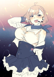 Rule 34 | 1girl, ahoge, blush, breasts, cleavage, confetti, crop top, earpiece, fang, frilled skirt, frills, griffon (last origin), hand in own hair, headset, ichihyaku nanajuu, jacket, large breasts, last origin, limited palette, long sleeves, looking at viewer, open clothes, open jacket, open mouth, short hair, simple background, skirt, solo