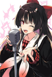 Rule 34 | 1girl, ;d, argyle, azur lane, black cardigan, black hair, bow, cardigan, fang, fingernails, hair between eyes, hair bow, hands up, horns, long sleeves, looking at viewer, microphone, microphone stand, musical note, one eye closed, oni horns, open mouth, plaid, red bow, red eyes, sailor collar, sakawa (azur lane), simple background, small horns, smile, solo, white background, white sailor collar, youhei 64d