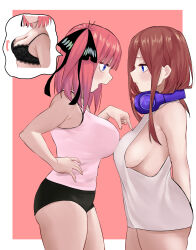 Rule 34 | 2girls, absurdres, arms behind back, black bra, black panties, black ribbon, blue eyes, blunt bangs, bra, breasts, brown hair, butterfly hair ornament, commentary request, eye contact, from side, go-toubun no hanayome, hair ornament, hand on own hip, headphones, headphones around neck, highres, large breasts, long hair, looking at another, marimo 625, medium hair, multiple girls, nakano miku, nakano nino, panties, pink background, pink hair, pink tank top, poking, profile, ribbon, shirt, siblings, sideboob, sisters, sleeveless, sleeveless shirt, speech bubble, tank top, twins, two side up, underwear, white shirt
