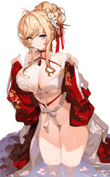 Rule 34 | 1girl, absurdres, azur lane, bare shoulders, blonde hair, blue eyes, blush, braid, breasts, chinese clothes, cleavage, cleavage cutout, clothing cutout, dress, flower, french braid, glorious (azur lane), glorious (pungent plum) (azur lane), hair flower, hair ornament, hair stick, hands up, highres, kanzashi, large breasts, looking at viewer, neck ribbon, nike (nike1060), official alternate costume, open clothes, open mouth, petals, red dress, ribbon, short hair, solo, standing, tassel, wading, wide sleeves