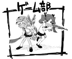 Rule 34 | 2girls, absurdres, altyn helmet, assault rifle, backpack, bad gun anatomy, bag, braid, braided sidelock, collared shirt, commentary request, copyright name, curly hair, full body, game-bu (manga), greyscale, gun, gundam (vxrwvww), hair ribbon, half-closed eyes, hand up, handgun, highres, holding, holding gun, holding weapon, index finger raised, jewelry, kneehighs, leaning forward, machete, monochrome, morishita manami, mozou crystal (style), multiple girls, necklace, necktie, no pupils, omotebayashi tatakaubeshi, open mouth, parted bangs, playerunknown&#039;s battlegrounds, ribbon, rifle, shirt, sickle, smile, socks, standing, standing on one leg, tooth necklace, twin braids, twintails, visor (armor), weapon, weapon on back