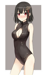 Rule 34 | 10s, 1girl, bad id, bad pixiv id, black hair, blush, breasts, cleavage, front zipper swimsuit, haguro (kancolle), hair ornament, highres, kantai collection, looking at viewer, meme attire, one-piece swimsuit, red eyes, short hair, shuuichi, solo, swimsuit
