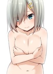 Rule 34 | 1girl, blue eyes, blush, breasts, cleavage, closed mouth, covering privates, covering breasts, eyes visible through hair, grey hair, hair ornament, hair over one eye, hairclip, hamakaze (kancolle), kantai collection, large breasts, looking to the side, nagami yuu, navel, nude, out-of-frame censoring, short hair, simple background, solo, standing, white background