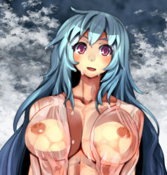 Rule 34 | 1girl, blue hair, breasts, huge breasts, kamishirasawa keine, long hair, looking at viewer, nipples, open clothes, open mouth, open shirt, red eyes, see-through, shirt, smile, solo, touhou, umigarasu (kitsune1963), wet, wet clothes