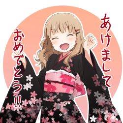 Rule 34 | 1girl, ^ ^, cherry blossoms, closed eyes, fang, floral print, flower, furisode, hair ornament, hairclip, happy new year, highres, japanese clothes, kimono, light brown hair, long hair, new year, obi, oomuro sakurako, open mouth, sash, simple background, smile, solo, unyon, wide sleeves, yuru yuri