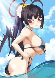 Rule 34 | 1girl, absurdres, ass, bikini, black bikini, black hair, black wings, blood, blood halo, blue archive, blunt bangs, breasts, cleavage, closed mouth, colive, cowboy shot, from side, halo, halterneck, highres, large breasts, liquid halo, long hair, micro bikini, navel, pale skin, partially underwater shot, ponytail, red eyes, side-tie bikini bottom, sideboob, strap pull, swimsuit, tsurime, tsurugi (blue archive), underboob, wings