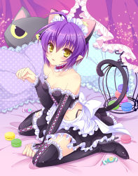 Rule 34 | 1girl, ahoge, alternate costume, animal ears, bare shoulders, bed, black footwear, black skirt, boots, candy, cat ears, cat tail, choker, curtains, enmaided, frilled pillow, frilled skirt, frills, high heel boots, high heels, kemonomimi mode, looking at viewer, macaron, macaroon, magical halloween, maid, maid headdress, noir auslese, paw pose, pillow, pointy ears, purple hair, short hair, sitting, skirt, solo, tail, thigh boots, thighhighs, tokinon, wariza, yellow eyes