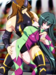 Rule 34 | 2girls, argyle, argyle clothes, argyle legwear, audience, breasts, brown hair, closed eyes, dark star chaos, detached sleeves, elbow pads, green hair, grin, hand on another&#039;s thigh, himuro shizuku, large breasts, mask, multicolored clothes, multicolored legwear, multiple girls, noppo-san, open mouth, saliva, skin tight, smile, thighhighs, wrestle angels, wrestle angels survivor, wrestling, wrestling outfit