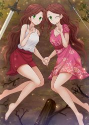 Rule 34 | 2girls, ;), barefoot, blush, branch, breasts, brown hair, cleavage, closed mouth, commission, day, dress, fingernails, floral print, forehead, green eyes, highres, holding hands, kazenokaze, long hair, lying, medium breasts, multiple girls, on ground, on side, one eye closed, original, outdoors, parted bangs, pink dress, print dress, red skirt, rose print, saber (weapon), short sleeves, skirt, smile, sword, tank top, v, very long hair, weapon, white tank top