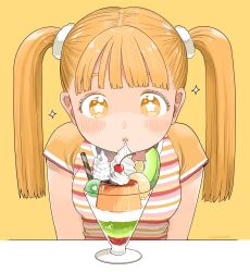 Rule 34 | + +, 1girl, arms at sides, blonde hair, blunt bangs, blunt ends, blush, breasts, cherry, commentary, dot nose, food, fruit, hairband, highres, ice cream, kiwi (fruit), kiwi slice, looking at object, melon, nagomurasan, original, parted lips, pudding, shirt, short sleeves, signature, simple background, small breasts, solo, sparkle, striped clothes, striped shirt, sundae, tareme, twintails, twintails day, upper body, whipped cream, white hairband, wrinkled fabric, yellow background, yellow eyes