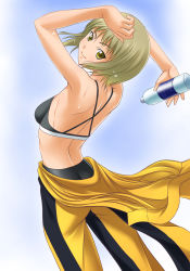 Rule 34 | 10s, 1girl, arched back, back, blonde hair, bottle, bruce lee&#039;s jumpsuit, from behind, highres, huang baoling, jumpsuit, kouun, short hair, solo, sports bra, tiger &amp; bunny, water bottle, yellow eyes
