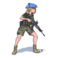 Rule 34 | 1girl, absurdres, blonde hair, blue eyes, blue hat, boots, camouflage, camouflage jacket, camouflage shorts, closed mouth, commission, finland, hat, highres, jacket, long hair, military, military hat, military uniform, military vehicle, original, ostwindprojekt, rk62, shadow, short sleeves, shorts, simple background, sleeves rolled up, solo, trigger discipline, uniform, white background