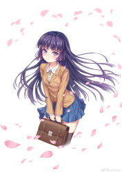 Rule 34 | 1girl, absurdres, bag, black thighhighs, blazer, blue skirt, briefcase, brown jacket, closed mouth, collared shirt, commentary request, cropped legs, floating hair, highres, holding, holding bag, jacket, latioss, long hair, long sleeves, looking at viewer, miniskirt, neck ribbon, original, petals, pleated skirt, purple eyes, purple hair, ribbon, school bag, school briefcase, school uniform, shirt, skirt, solo, thighhighs, undershirt, wing collar, zettai ryouiki