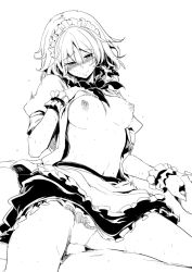 Rule 34 | 1boy, 1girl, bad id, bad pixiv id, blush, braid, breasts, clothed sex, clothes lift, girl on top, greyscale, hetero, holding hands, izayoi sakuya, lefthand, looking at viewer, maid headdress, monochrome, navel, nipples, penis, pov, sex, shirt lift, simple background, smile, solo focus, straddling, sweat, touhou, twin braids, vaginal, wrist cuffs