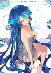 Rule 34 | 1girl, absurdly long hair, absurdres, bao (vtuber), bao (vtuber) (1st costume), blue hair, breasts, bubble, character name, cleavage, closed eyes, dress, grey dress, hair between eyes, hand on ground, hand on own chest, happy birthday, highres, indie virtual youtuber, liquid hair, long hair, monosucre, open mouth, sitting, small breasts, solo, very long hair, virtual youtuber