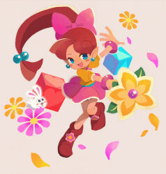 Rule 34 | 1girl, bamboo grass, blush stickers, bracelet, brown footwear, brown hair, cube, earrings, flower, footwear flower, holding, holding wand, jewelry, lip (panel de pon), long hair, open mouth, panel de pon, petals, pink flower, pointy ears, ponytail, rabbit, short sleeves, solo, very long hair, wand, white background, white rabbit (animal), yellow flower