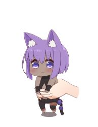Rule 34 | 1girl, :3, animal ear fluff, animal ears, bare shoulders, barefoot, black bodysuit, black sleeves, blush, bodysuit, cat ears, center opening, chibi, closed mouth, dark-skinned female, dark skin, detached sleeves, fate/prototype, fate/prototype: fragments of blue and silver, fate (series), hair between eyes, hassan of serenity (fate), holding, i.u.y, kemonomimi mode, long sleeves, out of frame, purple eyes, purple hair, shadow, simple background, sleeves past wrists, solo focus, white background